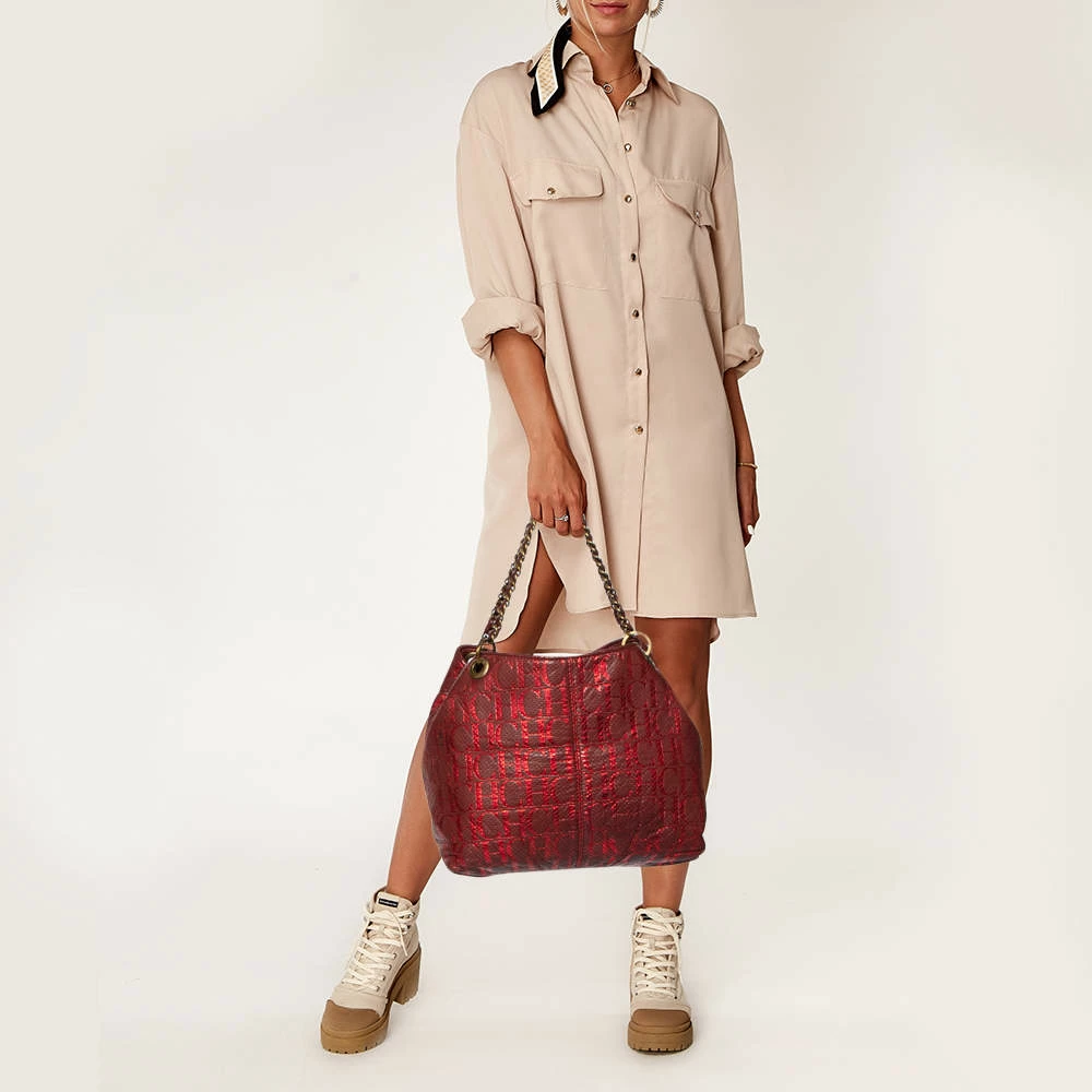 Carolina Herrera Red/Burgundy Monogram Leather Chain Tote Women