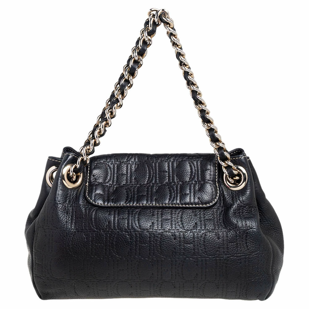 Carolina Herrera Black Monogram Embossed Leather Tassel Flap Shoulder Bag Women