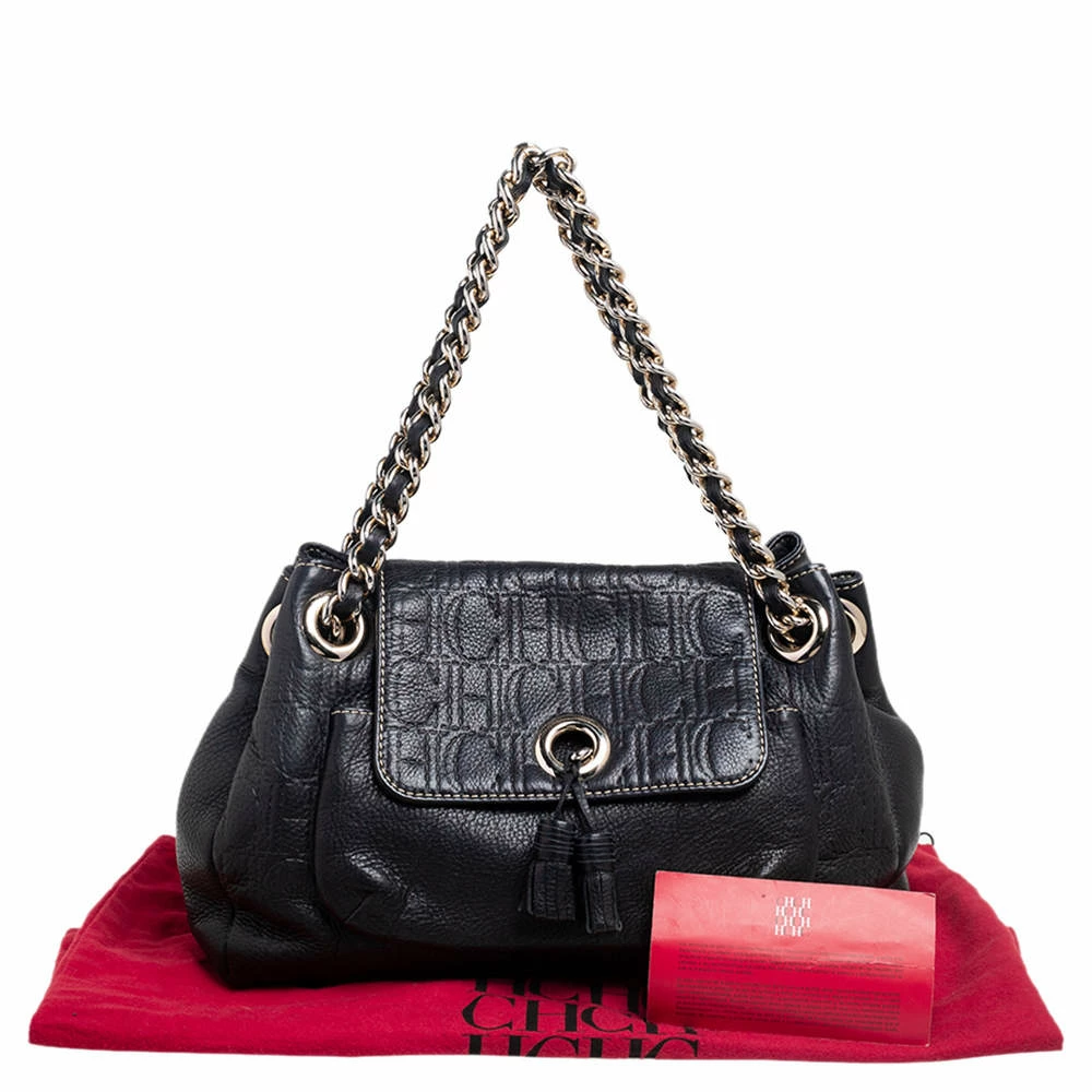 Carolina Herrera Black Monogram Embossed Leather Tassel Flap Shoulder Bag Women