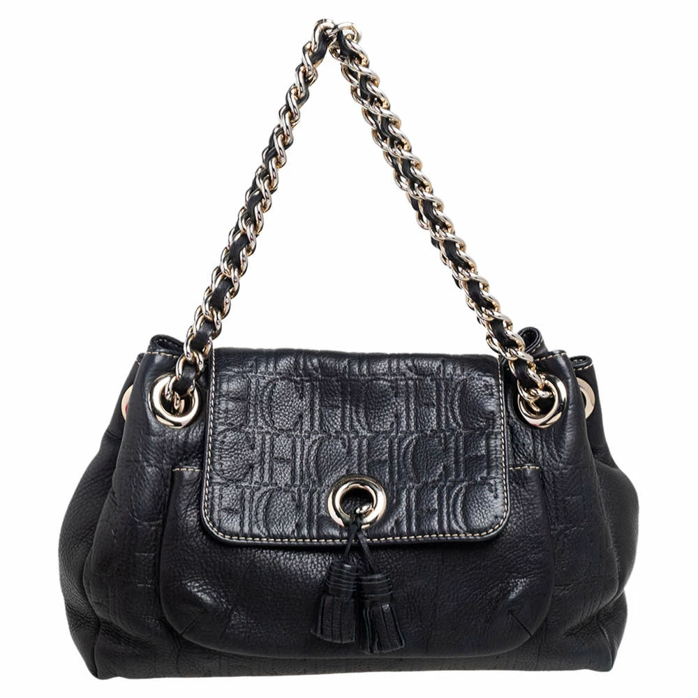 Carolina Herrera Black Monogram Embossed Leather Tassel Flap Shoulder Bag Women