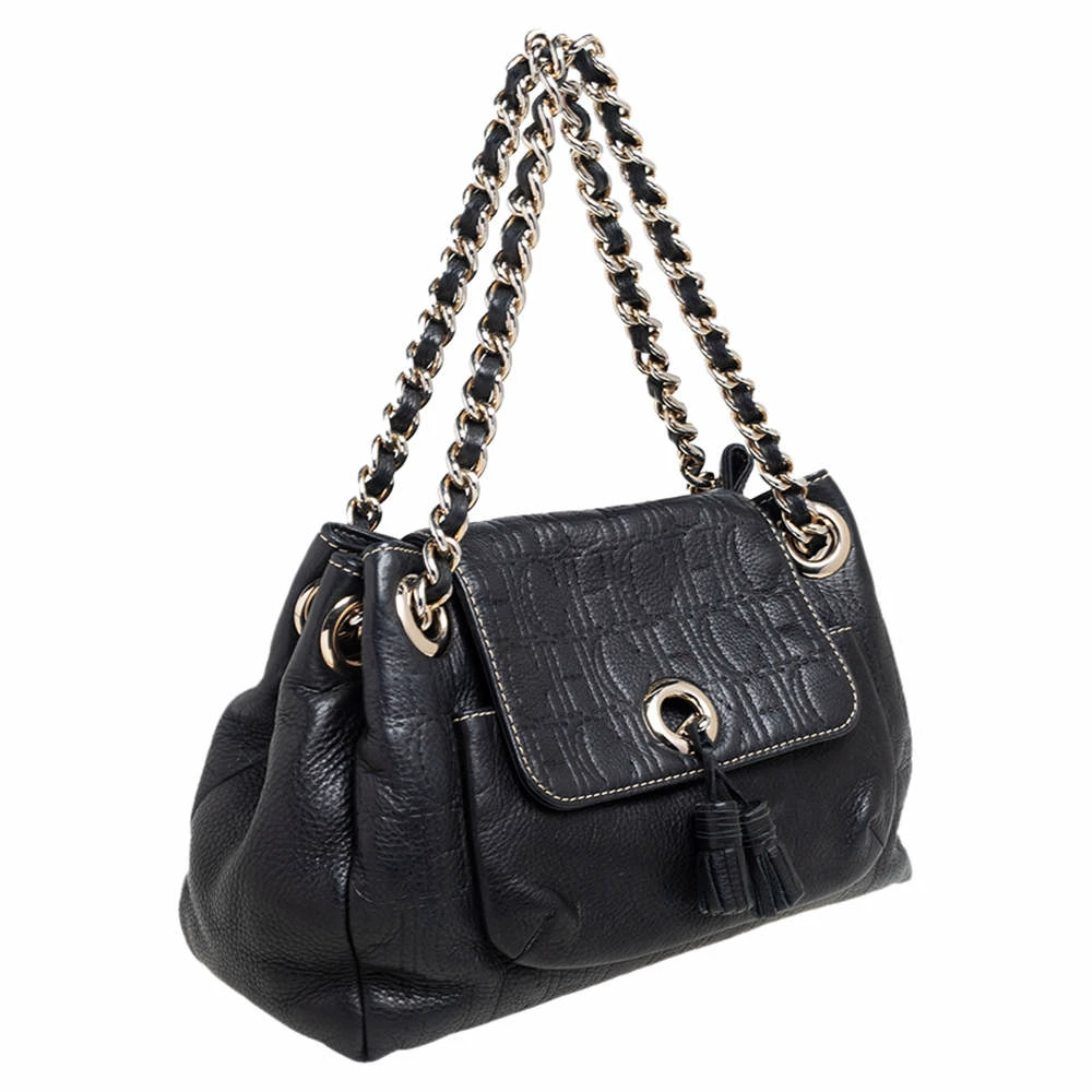 Carolina Herrera Black Monogram Embossed Leather Tassel Flap Shoulder Bag Women