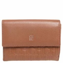 Carolina Herrera Brown Monogram Leather Tri Fold Compact Wallet Women