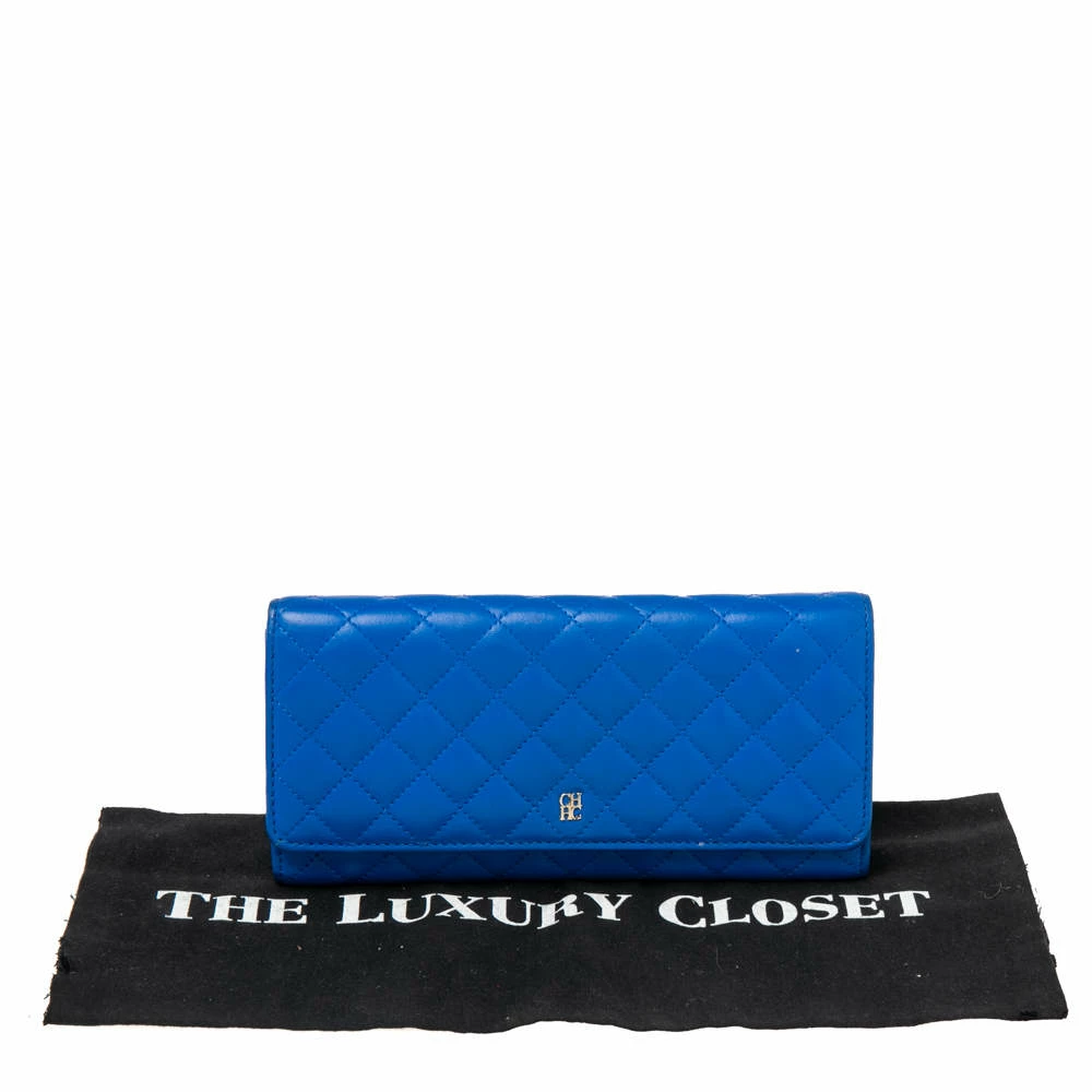 Carolina Herrera Blue Quilted Leather Long Trifold Wallet Women