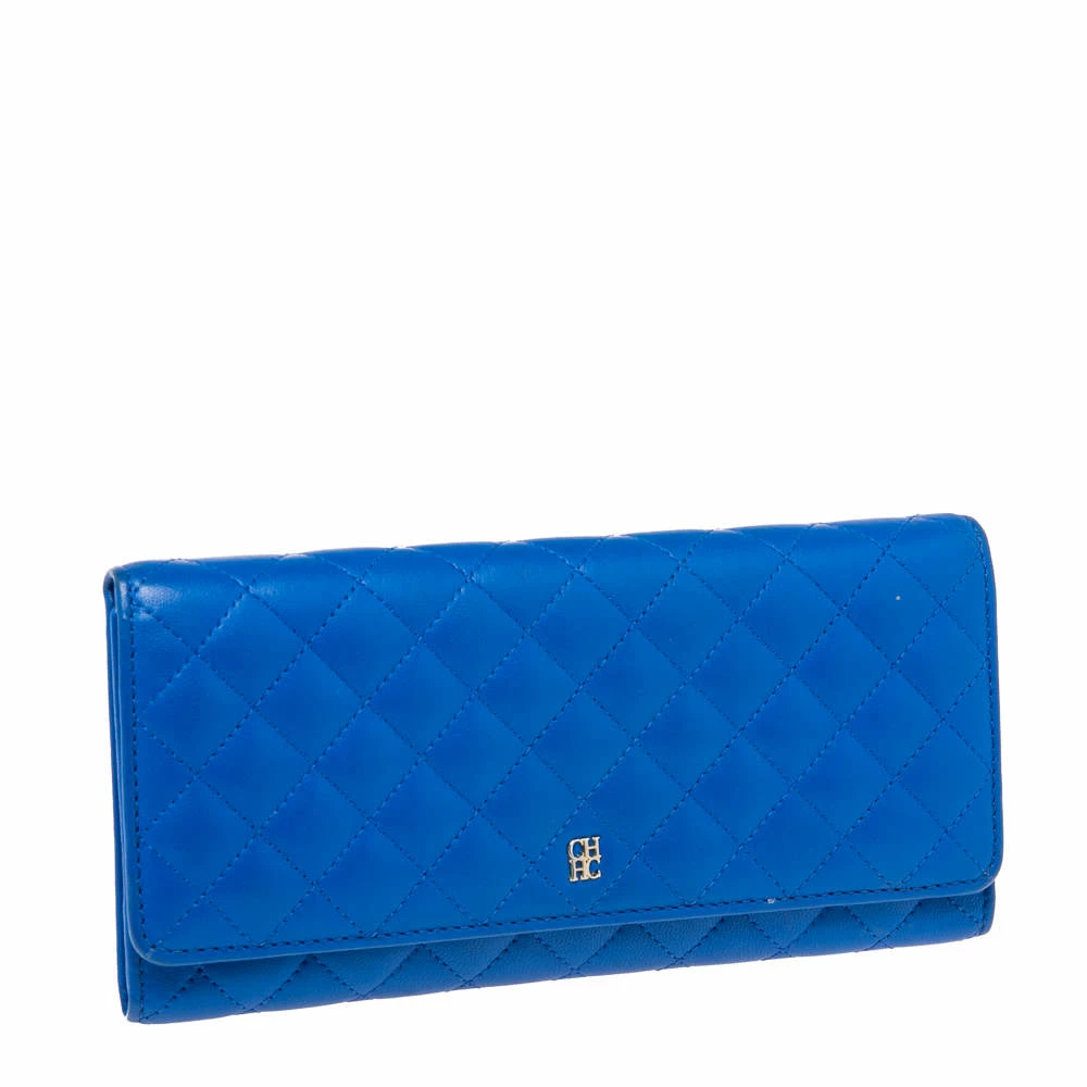 Carolina Herrera Blue Quilted Leather Long Trifold Wallet Women