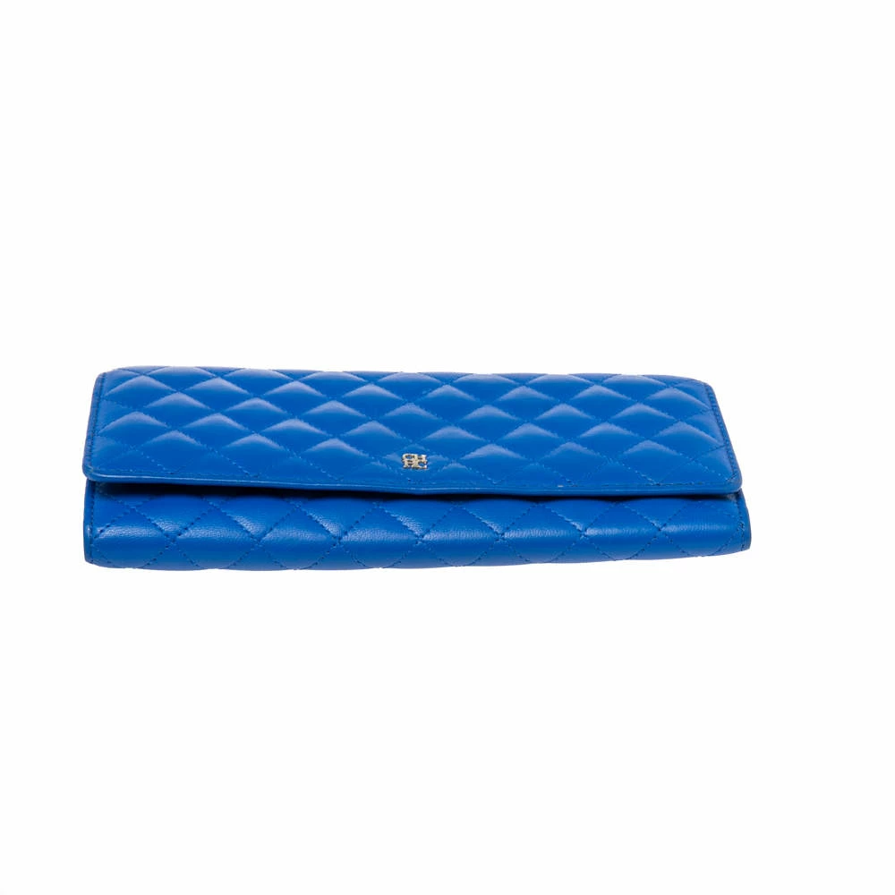 Carolina Herrera Blue Quilted Leather Long Trifold Wallet Women