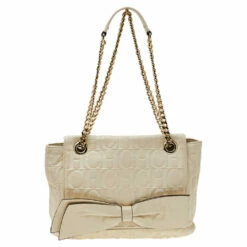Carolina Herrera White Monogram Embossed Leather Audrey Shoulder Bag Women