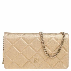 Carolina Herrera Metallic Gold Quilted Leather Flap Chain Shoulder Bag Women