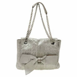 Carolina Herrera Silver Monogram Embossed Leather Bow Flap Shoulder Bag Women