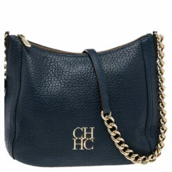 Carolina Herrera Navy Blue Grained Leather Chain Tassel Shoulder Bag Women
