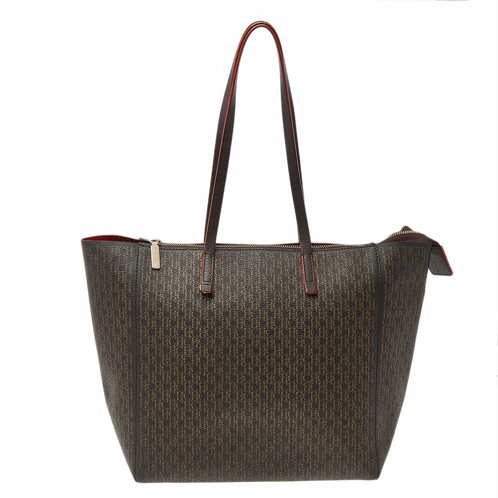 Carolina Herrera Dark Brown Monogram Leather Shopper Tote Women