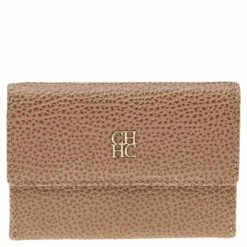 Carolina Herrera Beige Grained Leather Compact Wallet Women