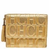 Carolina Herrera Metallic Gold Embossed Leather Trifold Compact Wallet Women