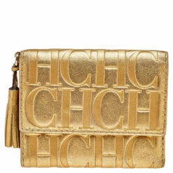 Carolina Herrera Metallic Gold Embossed Leather Trifold Compact Wallet Women