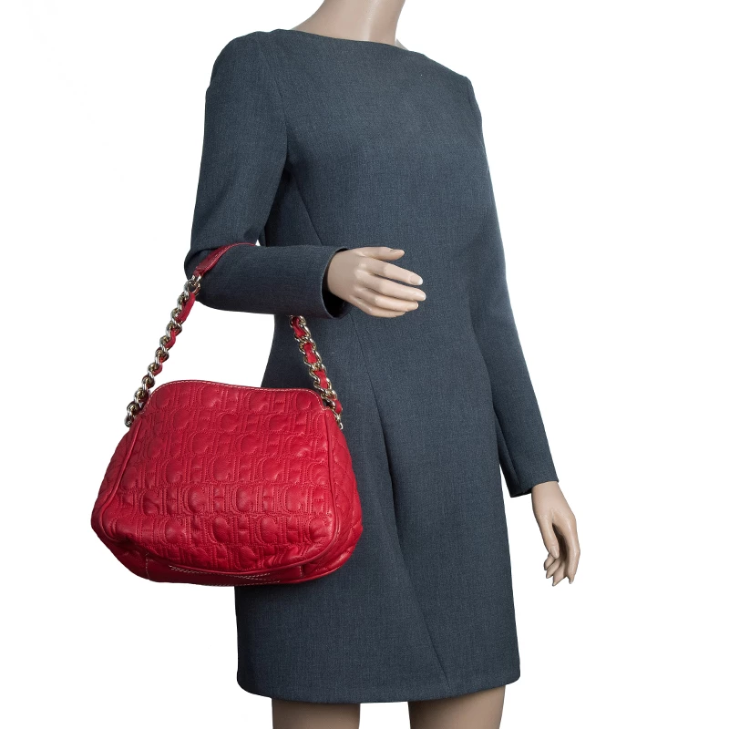 Carolina Herrera Red Quilted Monogram Leather Hobo Women