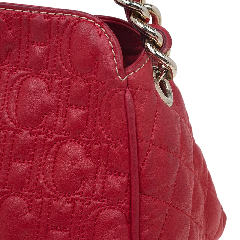 Carolina Herrera Red Quilted Monogram Leather Hobo Women