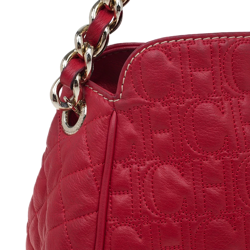 Carolina Herrera Red Quilted Monogram Leather Hobo Women