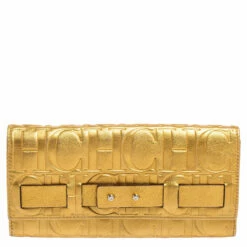 Carolina Herrera Metallic Gold Embossed Leather Flap Continental Wallet Women