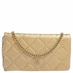 Carolina Herrera Gold Leather Flap Chain Shoulder Bag Women
