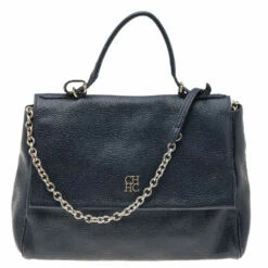 Carolina Herrera Navy Blue Leather Minuetto Top Handle Bag Women