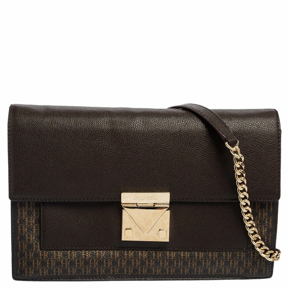 Carolina Herrera Dark Brown Signature Coated Canvas and Leather Carry on Shoulder Bag Women