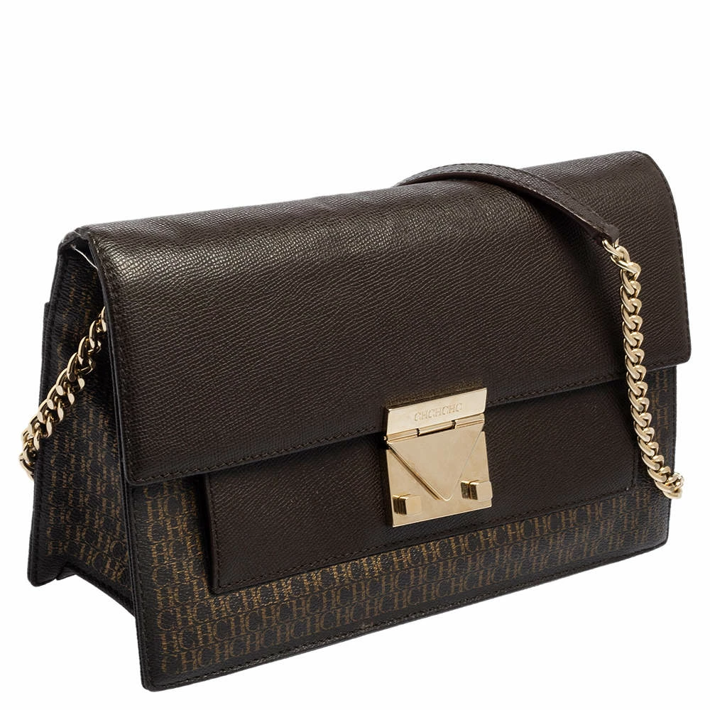 Carolina Herrera Dark Brown Signature Coated Canvas and Leather Carry on Shoulder Bag Women