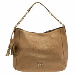 Carolina Herrera Metallic Gold Grained Leather Chain Tassel Hobo Women
