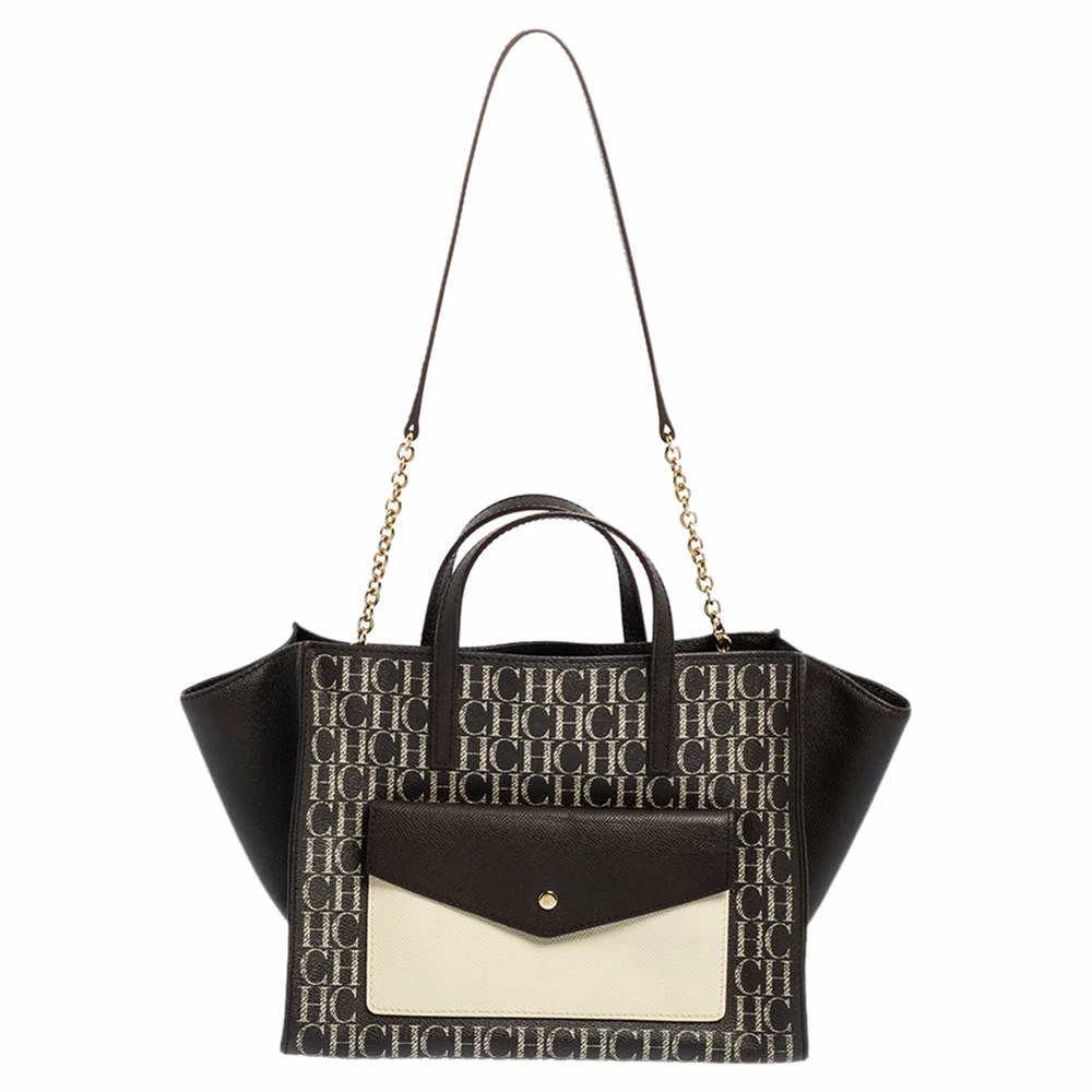 Carolina Herrera White/Dark Brown Signature Coated Canvas Front Pocket Tote Women