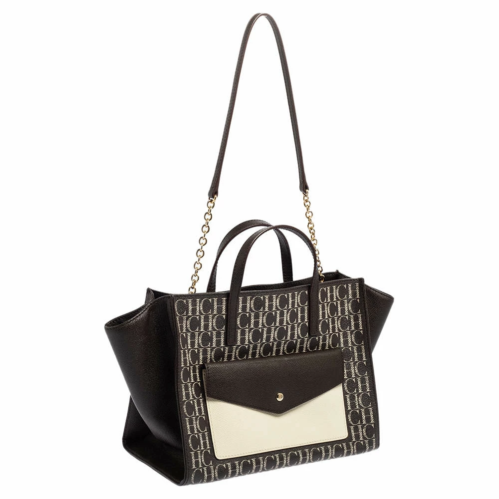 Carolina Herrera White/Dark Brown Signature Coated Canvas Front Pocket Tote Women