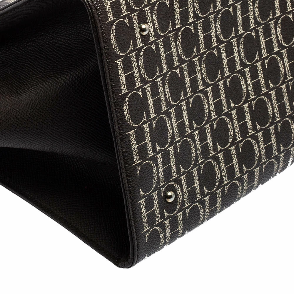 Carolina Herrera White/Dark Brown Signature Coated Canvas Front Pocket Tote Women