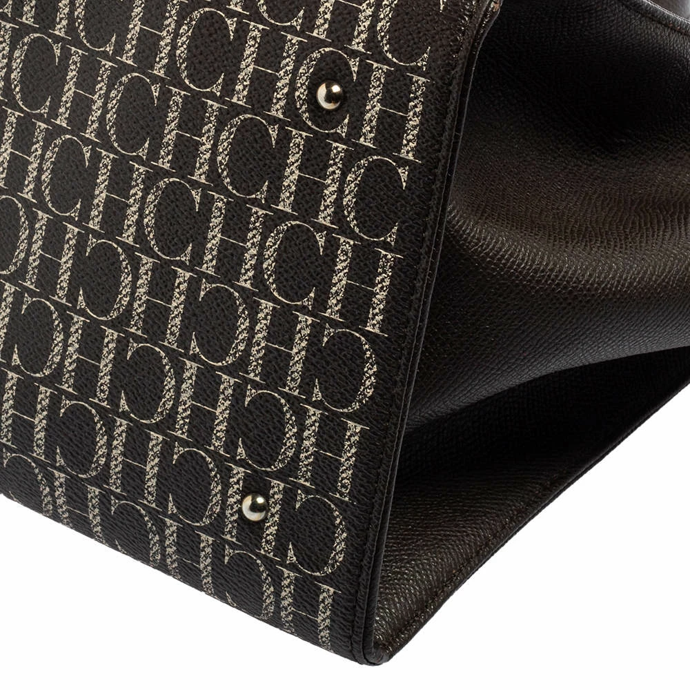 Carolina Herrera White/Dark Brown Signature Coated Canvas Front Pocket Tote Women