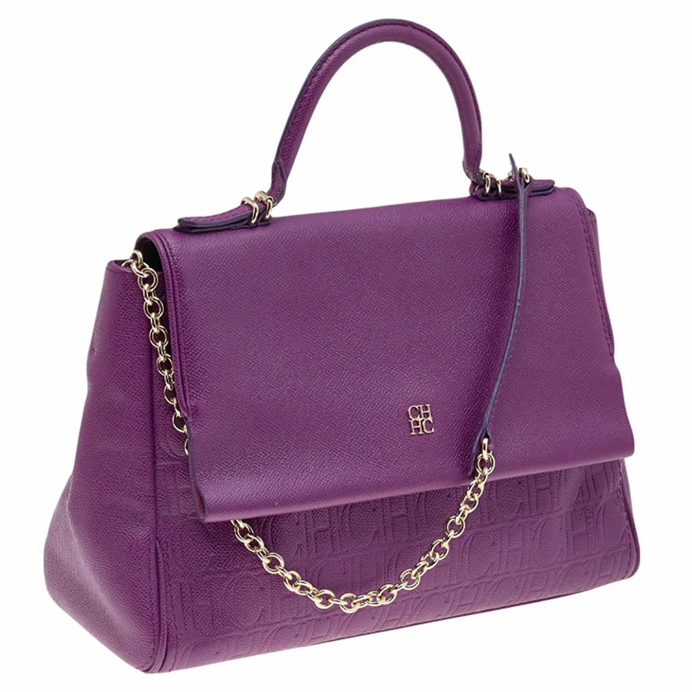 Carolina Herrera Purple Monogram Embossed Leather Minuetto Top Handle Bag Women