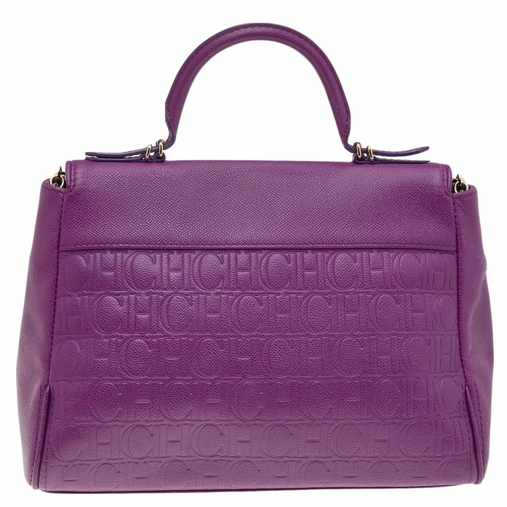 Carolina Herrera Purple Monogram Embossed Leather Minuetto Top Handle Bag Women