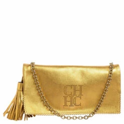 Carolina Herrera Metallic Gold Leather Tassel Chain Crossbody Bag Women