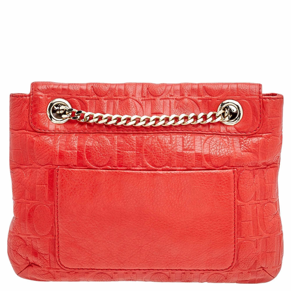 Carolina Herrera Orange Monogram Embossed Leather Bow Flap Shoulder Bag Women