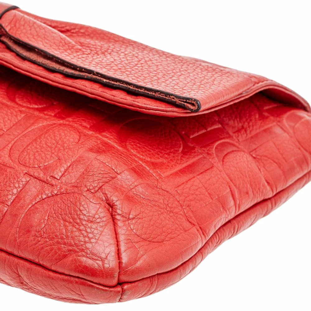 Carolina Herrera Orange Monogram Embossed Leather Bow Flap Shoulder Bag Women