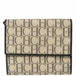 Carolina Herrera Cream/Black Signature Canvas Leather Trifold Wallet Women