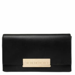 Carolina Herrera Black Leather Logo Metal Flap Clutch Women