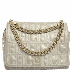 Carolina Herrera Grey Embossed Leather Flap Shoulder Bag Women