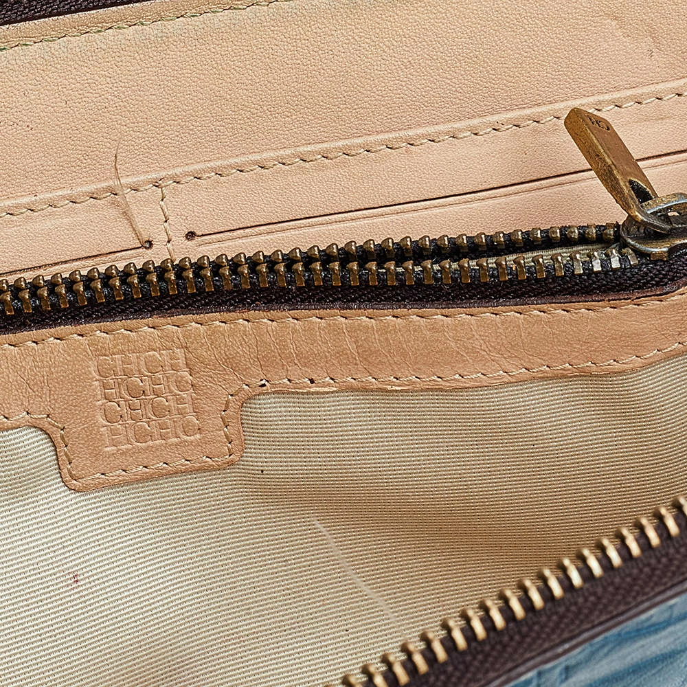 Carolina Herrera Blue Monogram Embossed Leather Zip Around Wallet Women