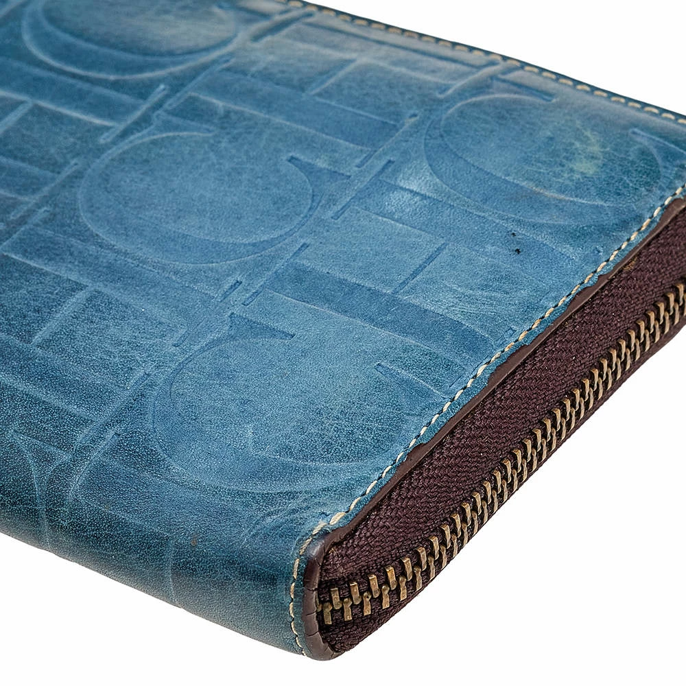Carolina Herrera Blue Monogram Embossed Leather Zip Around Wallet Women