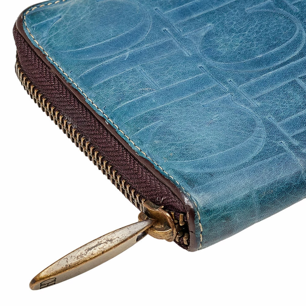 Carolina Herrera Blue Monogram Embossed Leather Zip Around Wallet Women