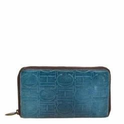 Carolina Herrera Blue Monogram Embossed Leather Zip Around Wallet Women
