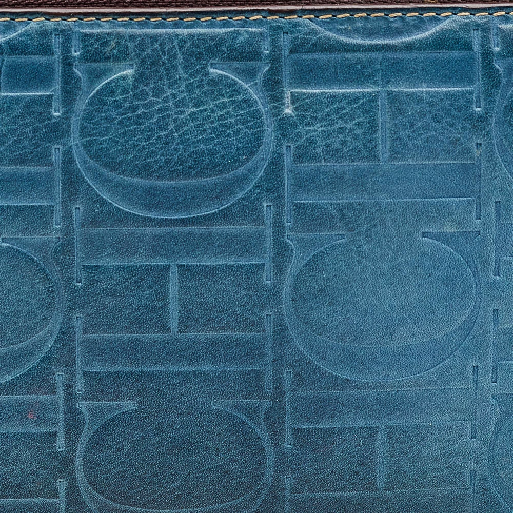 Carolina Herrera Blue Monogram Embossed Leather Zip Around Wallet Women