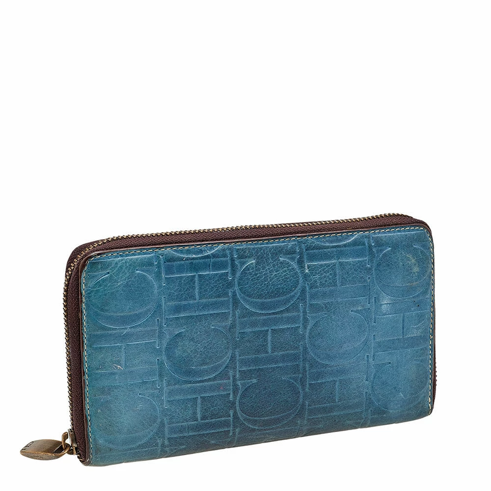 Carolina Herrera Blue Monogram Embossed Leather Zip Around Wallet Women