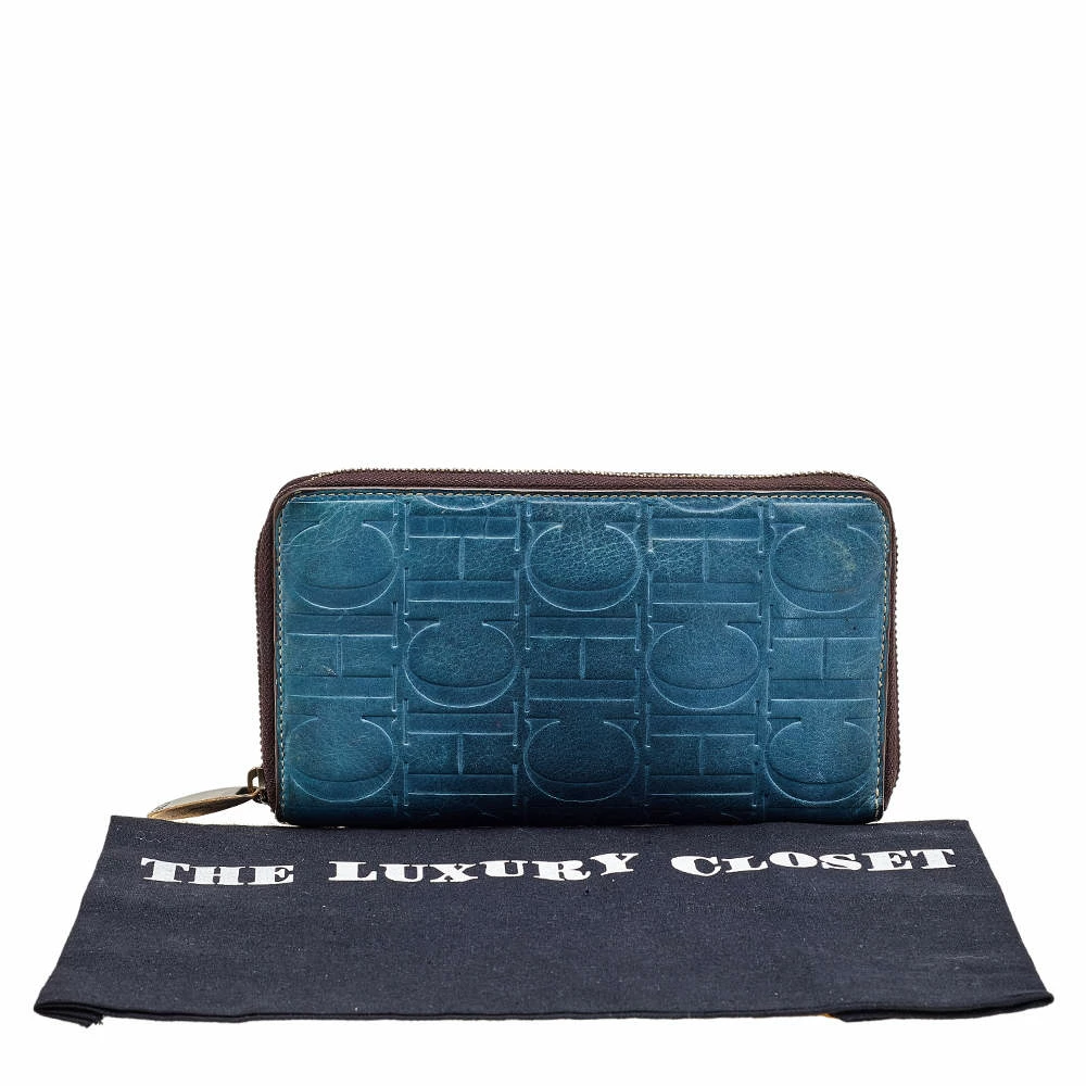Carolina Herrera Blue Monogram Embossed Leather Zip Around Wallet Women
