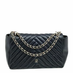 Carolina Herrera Black Quilted Leather Flap Chain Shoulder Bag Women
