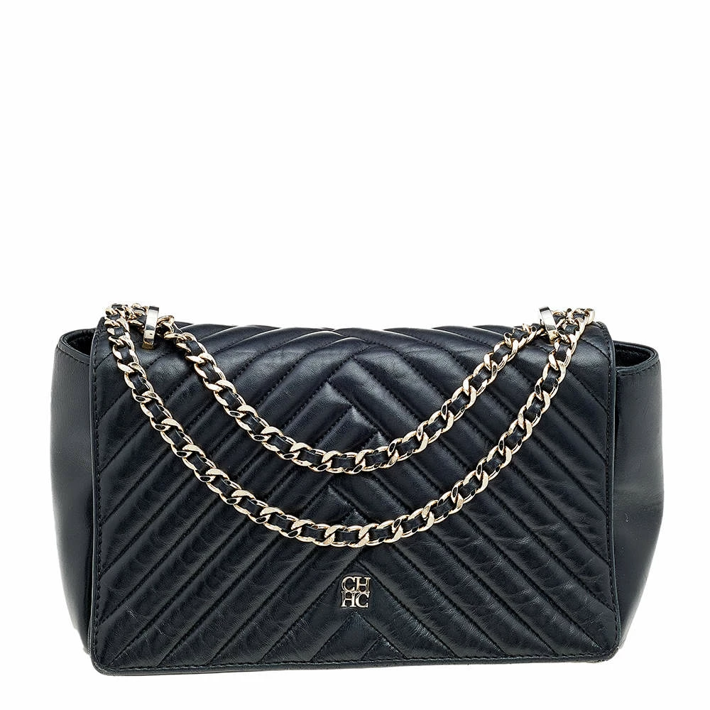 Carolina Herrera Black Quilted Leather Flap Chain Shoulder Bag Women