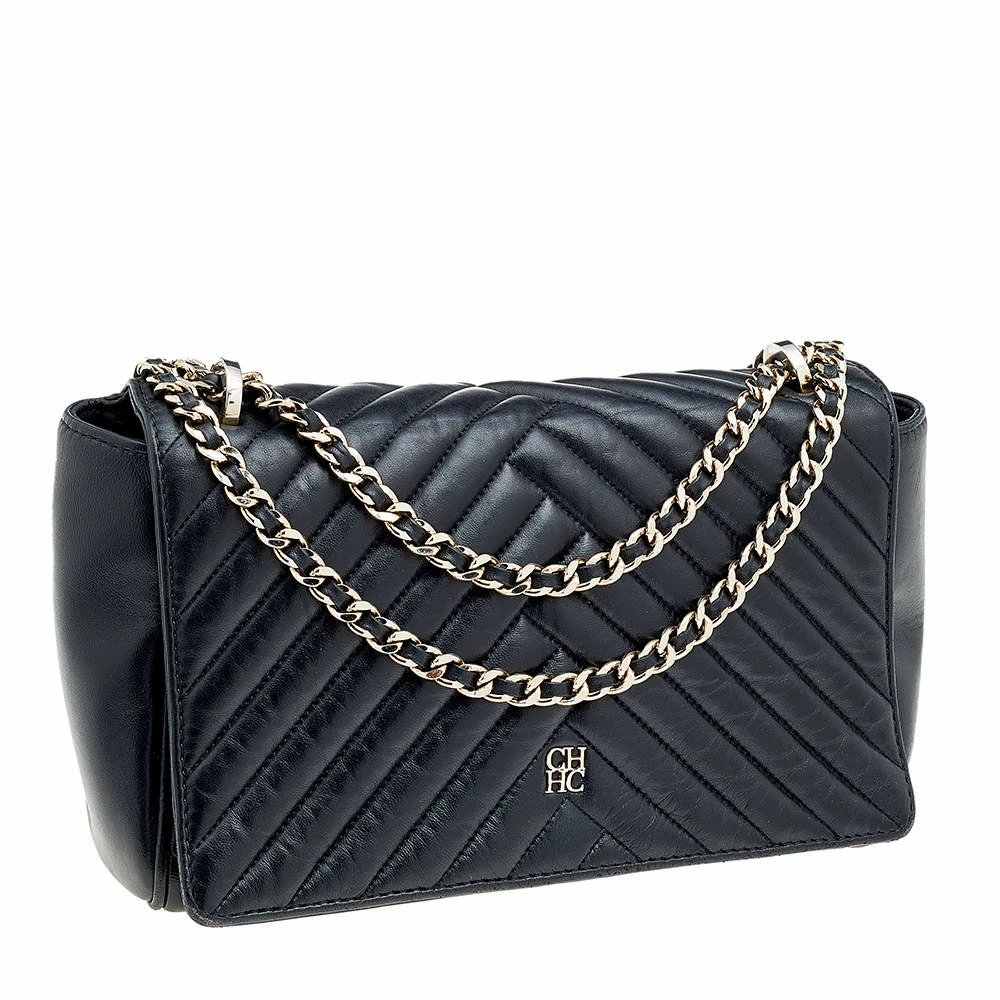 Carolina Herrera Black Quilted Leather Flap Chain Shoulder Bag Women
