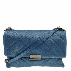 Carolina Herrera Blue Quilted Leather Flap Shoulder Bag Women