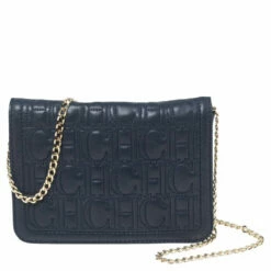 Carolina Herrera Navy Blue Quilted Leather Flap Chain Clutch Women